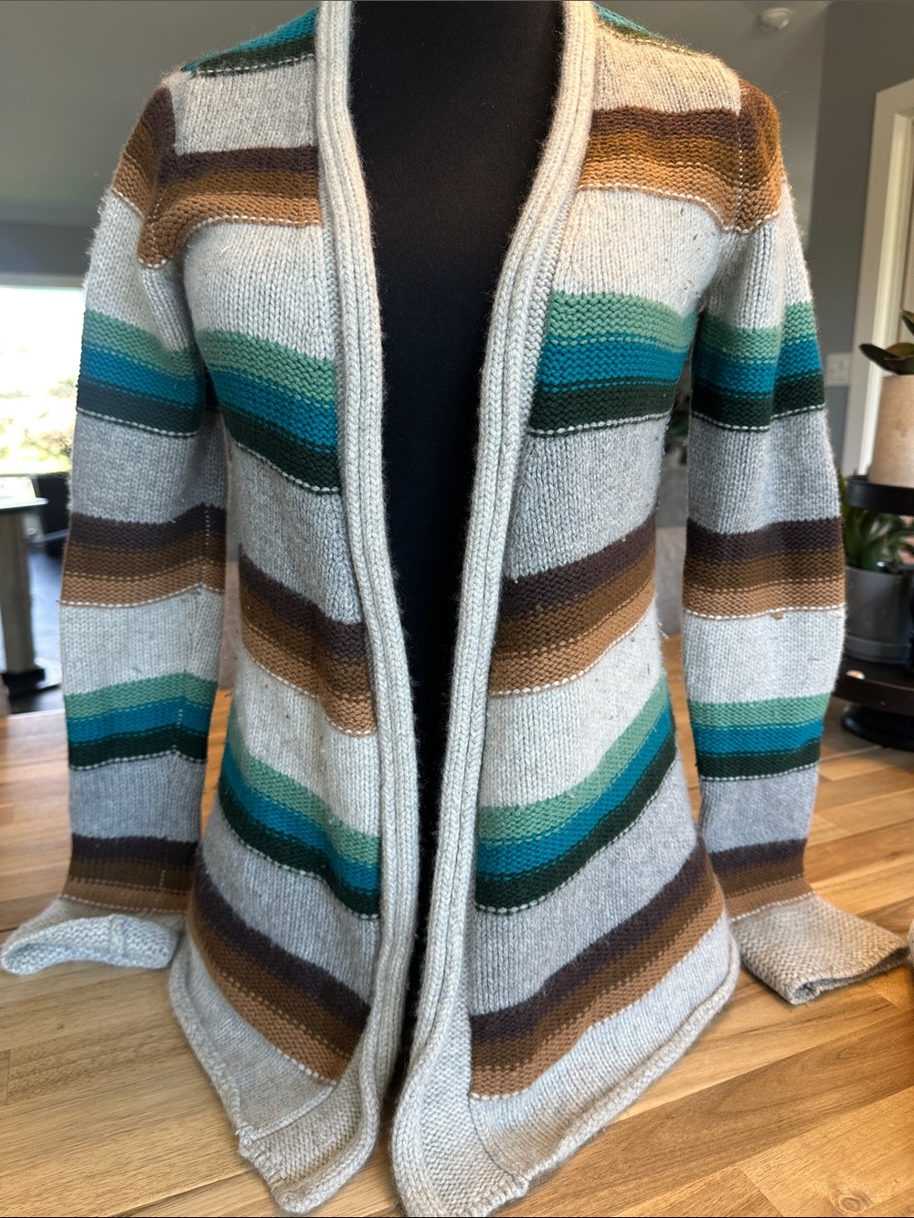 Vince stripe Cardigan - Gray with Teal & Brown Stripes 100% cashmere